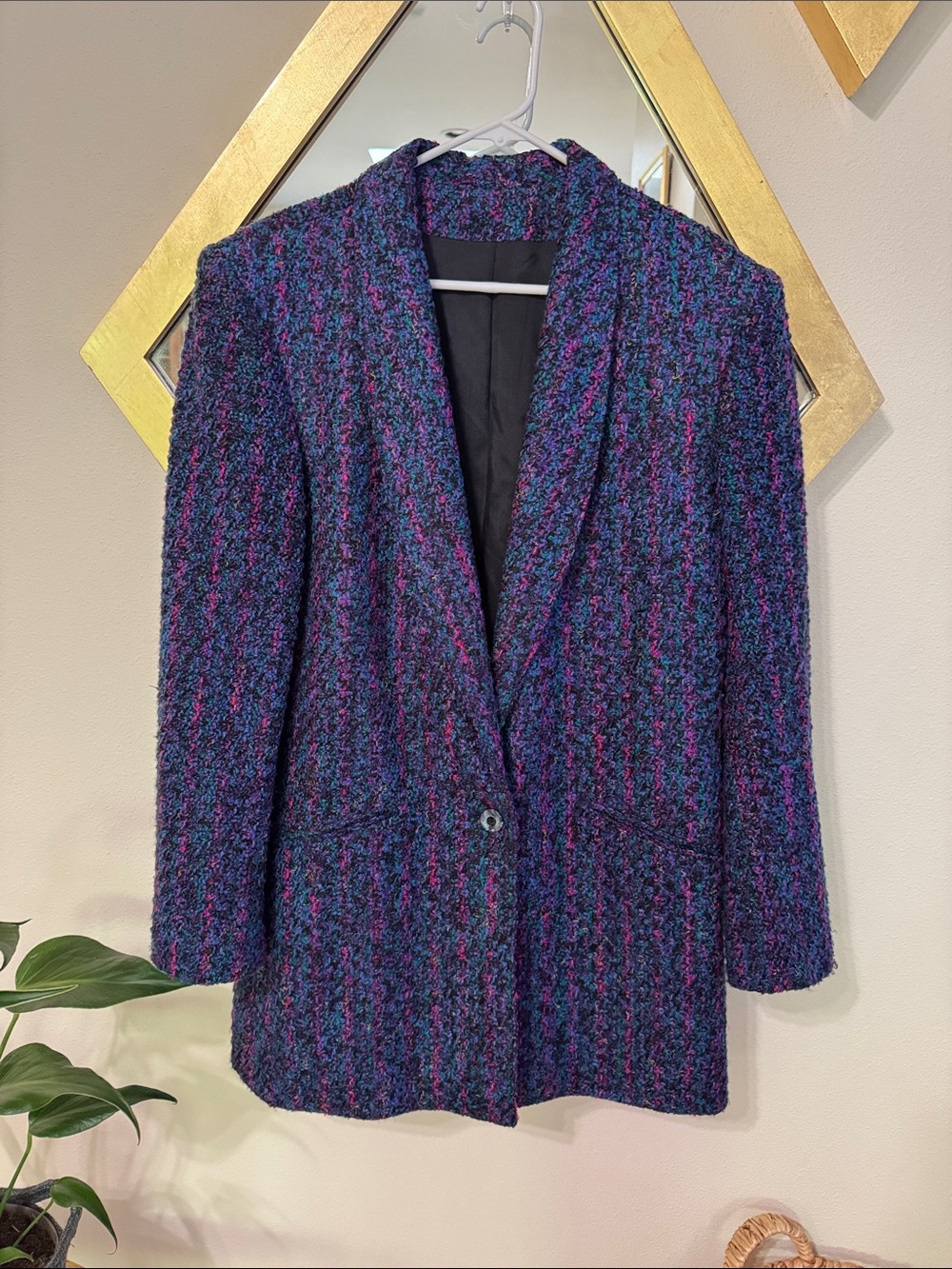 Vintage W.L.B.W. USA Bouclé Blazer Purple Blue Wool Blend Oversized 80s 90s L XL